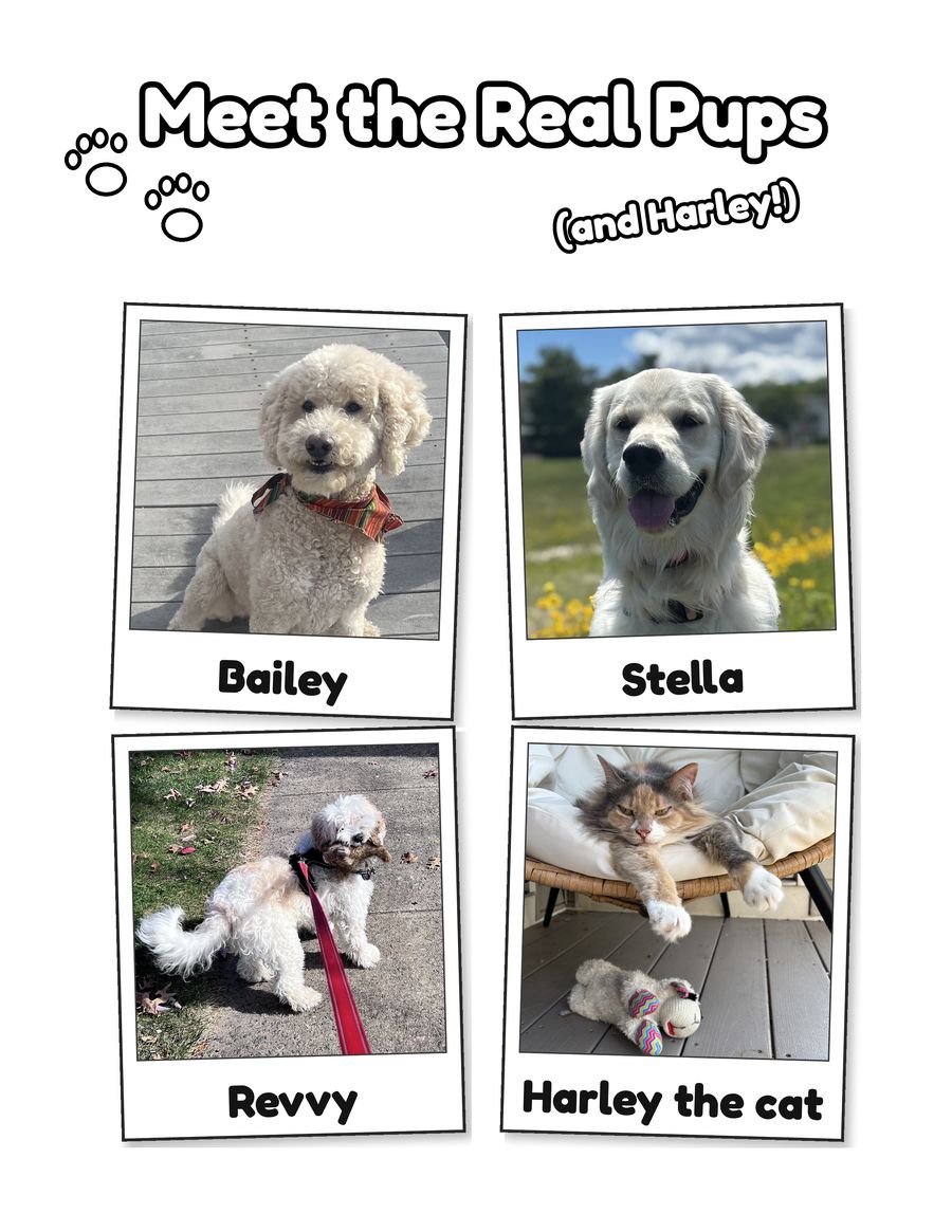 Meet the Real Pups photo page: Bailey, Stella, Revvy and Harley the cat